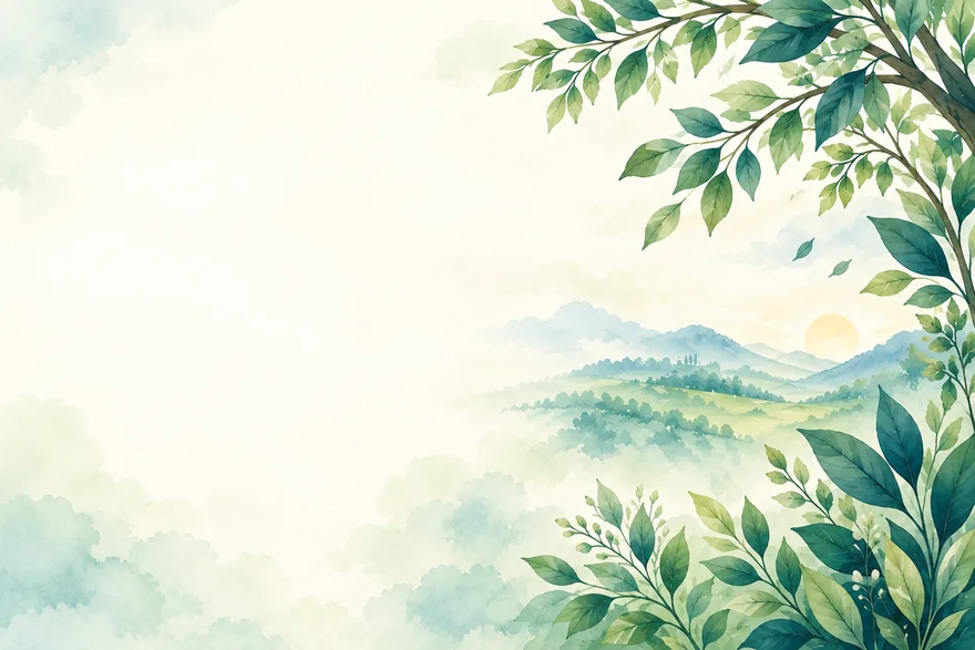 A gentle watercolor landscape framed by green botanical branches