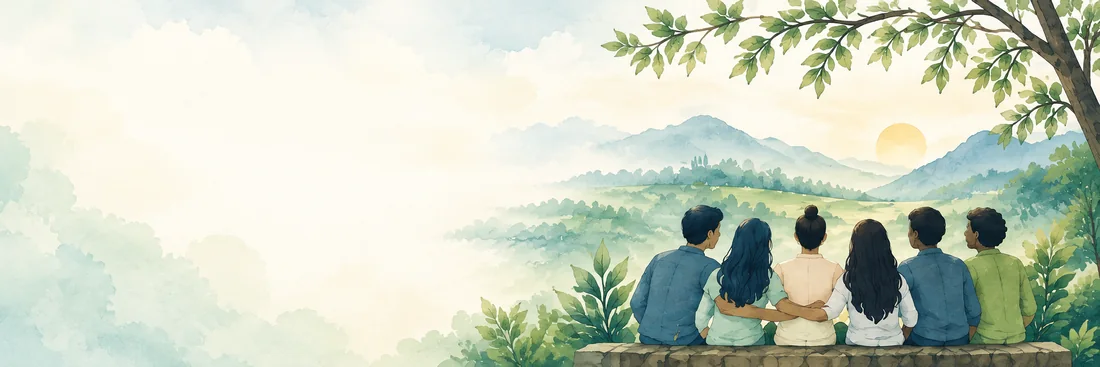 Watercolor illustration of colleagues overlooking a peaceful landscape