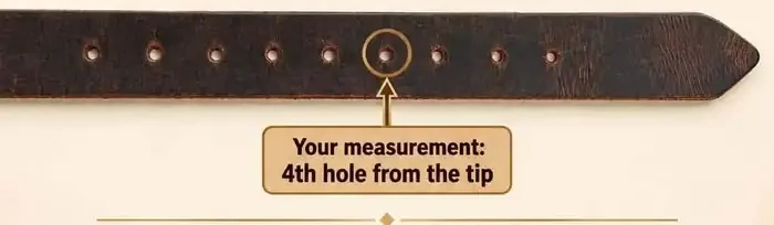 Buffalo leather belt tip with its fourth hole circled and a complete label: Your measurement is set at the fourth hole from the tip.